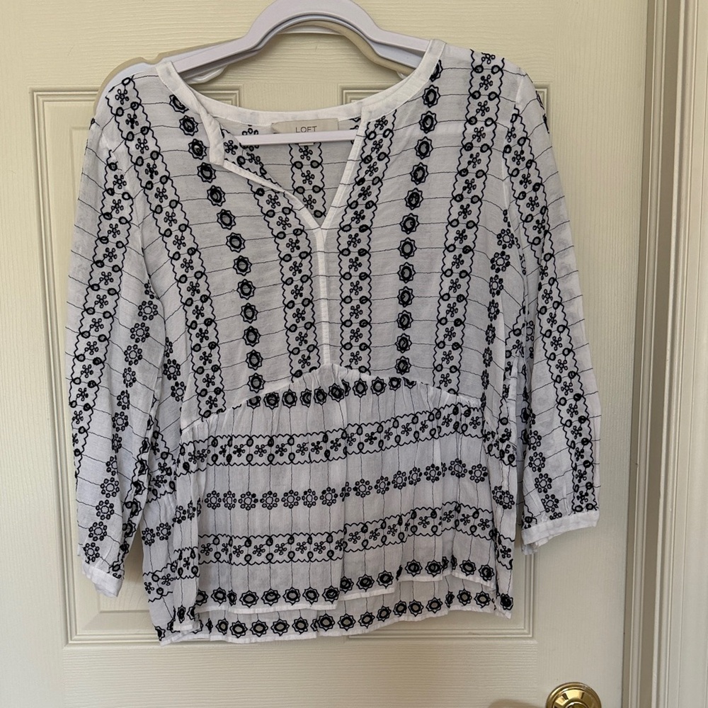 LOFT White Top with Black Embroidered Stripe Pattern